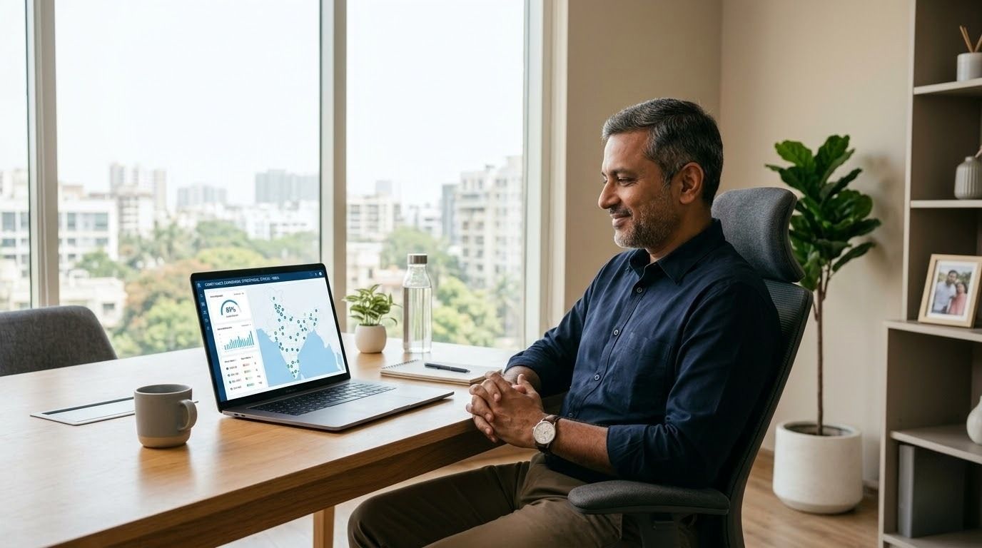 Manager reviewing real-time compliance data on a laptop using GPS-verified audit software.jpeg