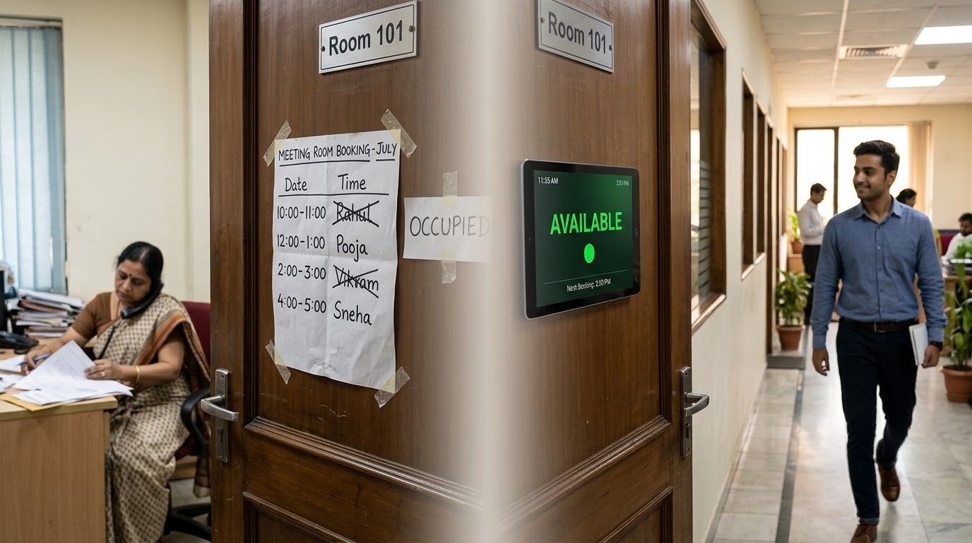Manual meeting room booking sheet compared with Spacebee digital meeting room booking software showing real-time room availability.