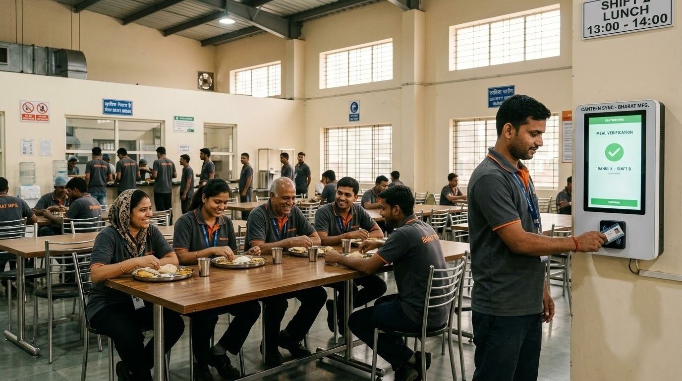 Manufacturing canteen with employees using digital meal verification for cafeteria management.jpeg