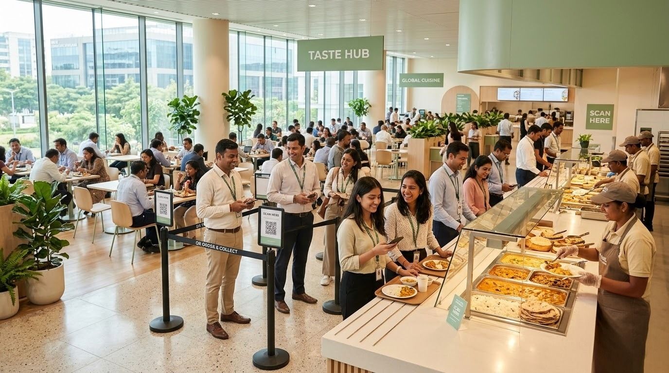 Modern corporate cafeteria using digital ordering and QR-based meal collection.jpeg