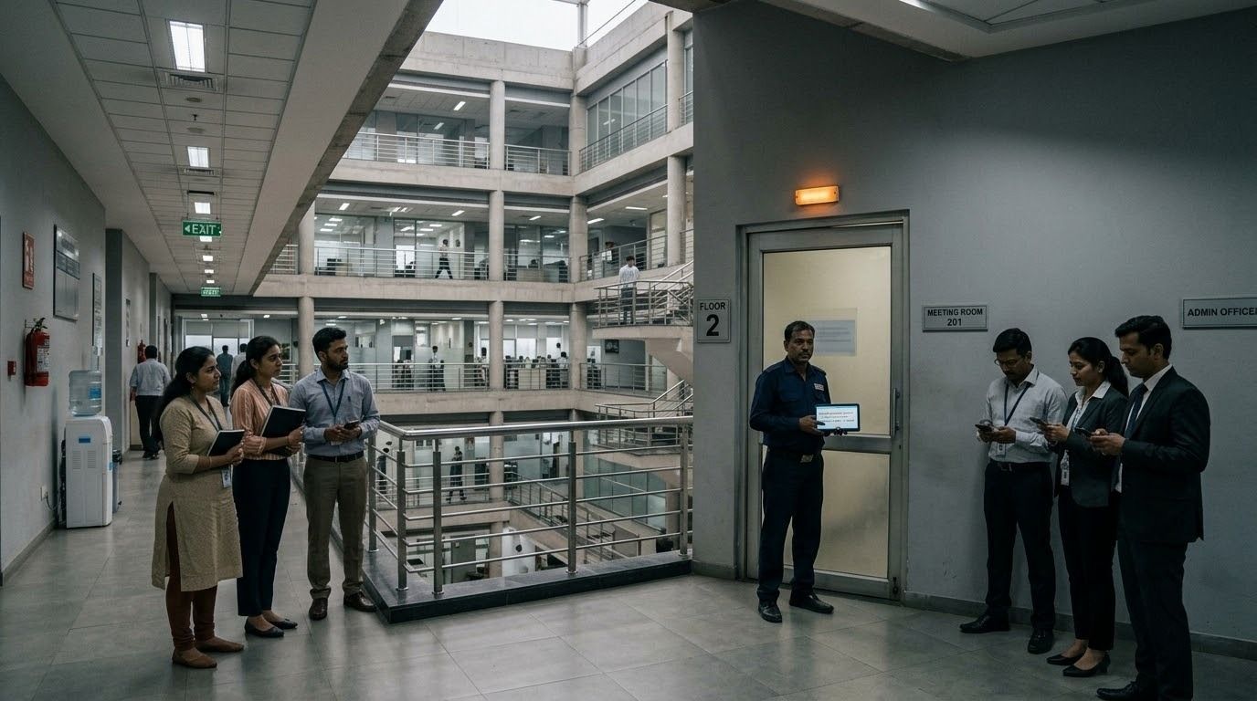 Modern corporate office hallway with employees gathered near a meeting room, checking their phones and a digital visitor or room-access display.