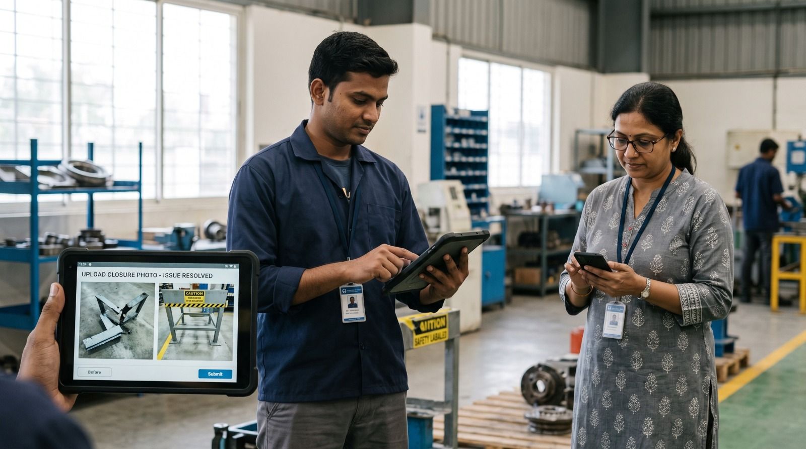 Quality team using CAPA tracking software to upload closure evidence and verify corrective actions during a factory audit with mobile inspection and photo documentation.