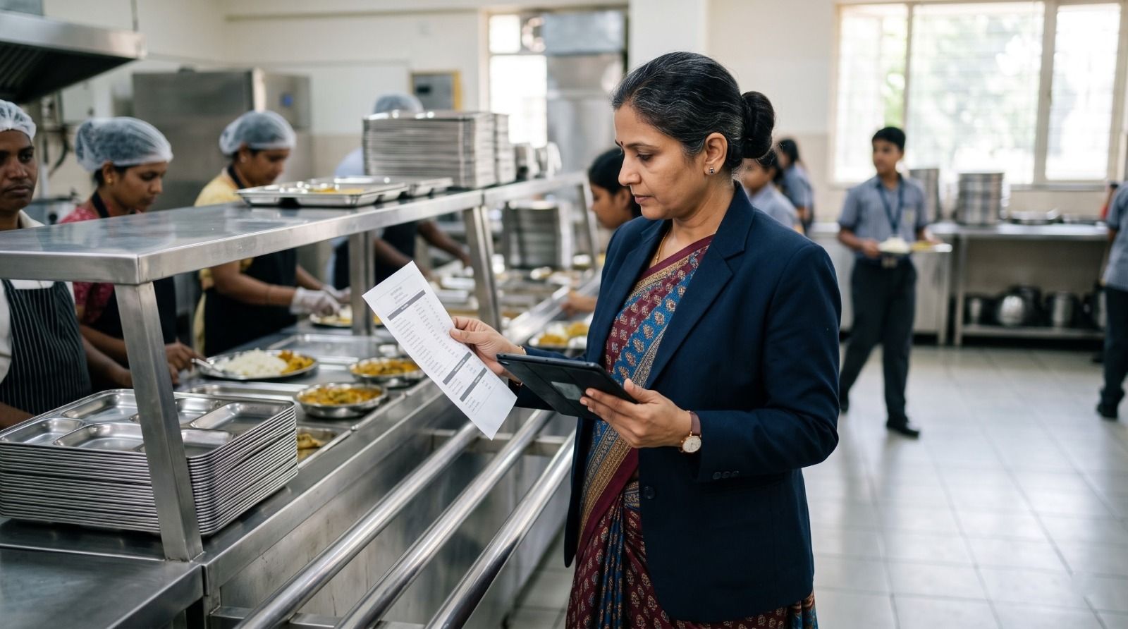 School canteen manager reviewing food hygiene and meal service records digitally.