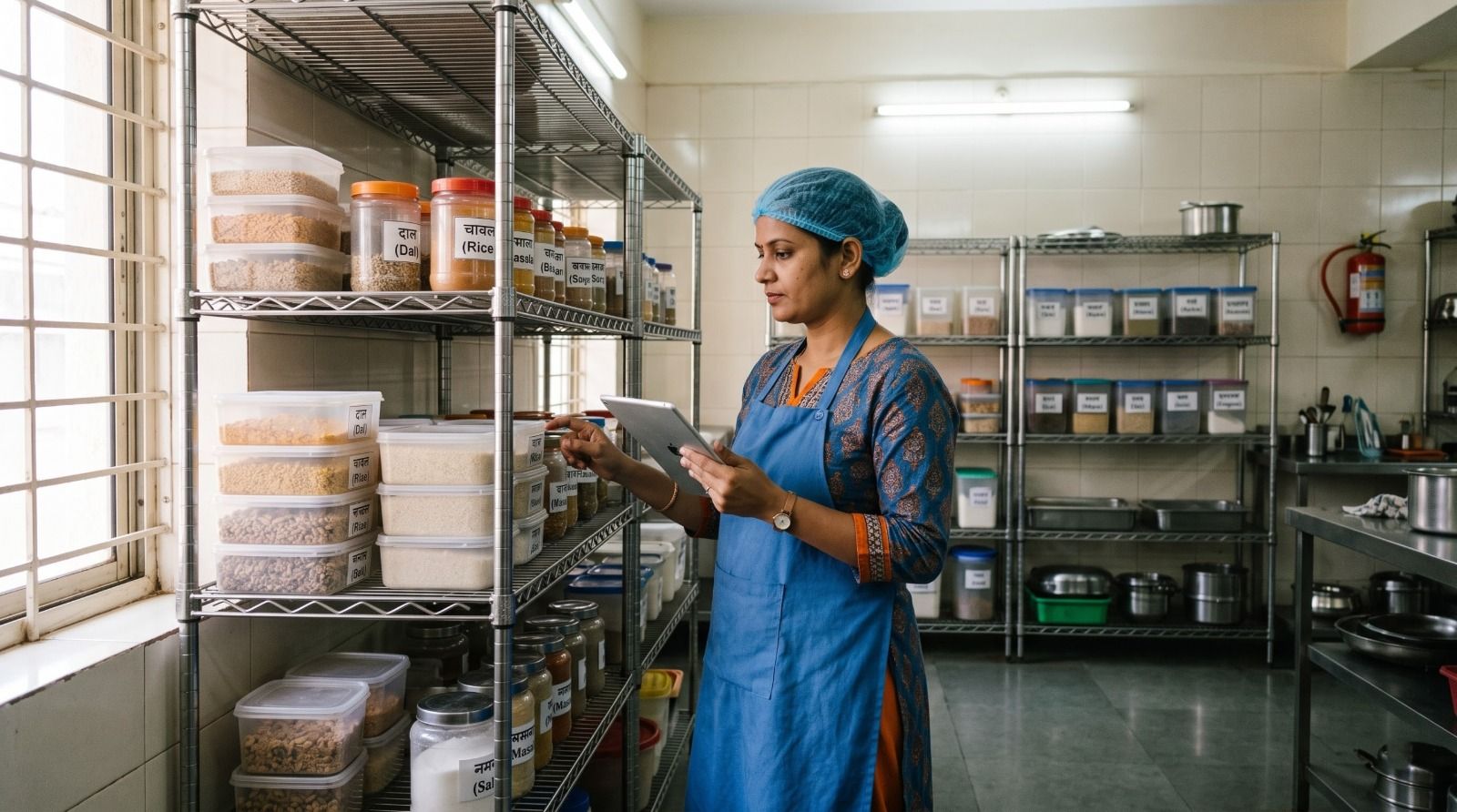 School canteen staff checking food storage, expiry dates and inventory records digitally.