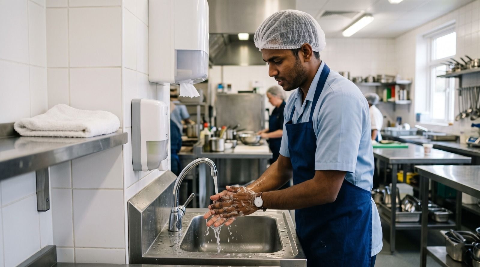 School canteen worker washing hands as part of food safety and hygiene practices.