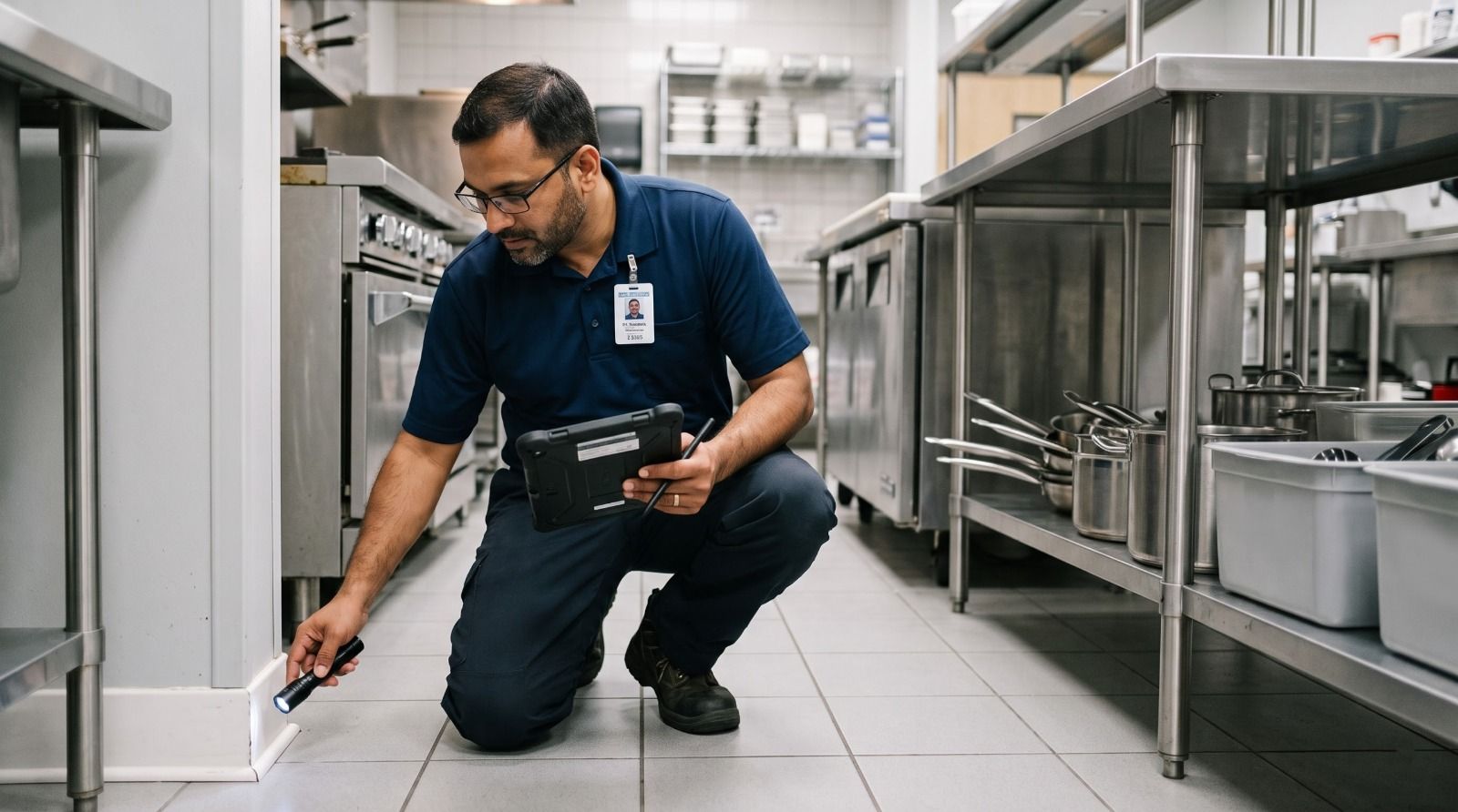School kitchen staff conducting a hygiene inspection with a digital checklist.