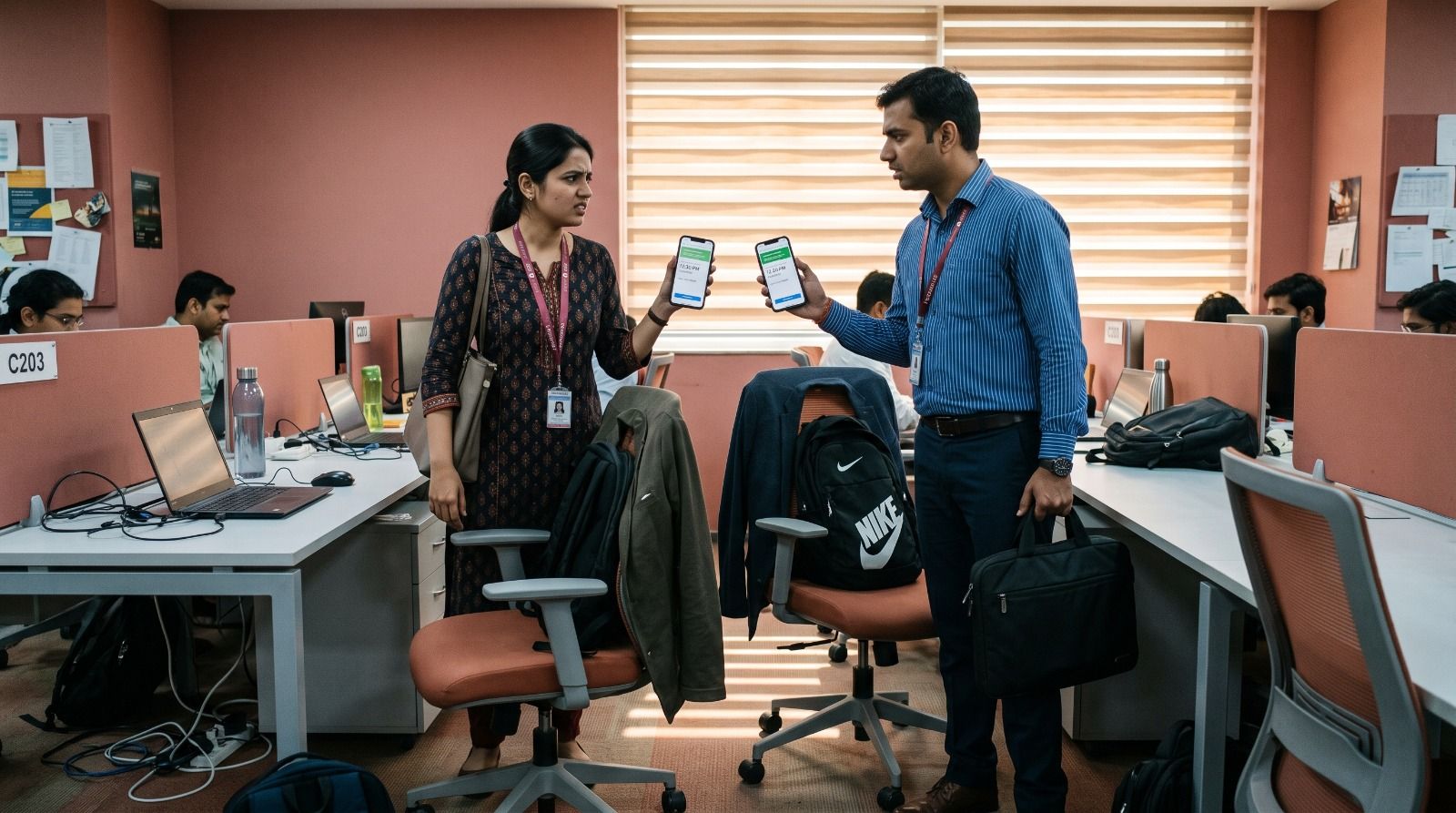Two office employees comparing mobile desk booking confirmations after finding the same workspace reserved, highlighting the need for a smart desk booking system..jpeg
