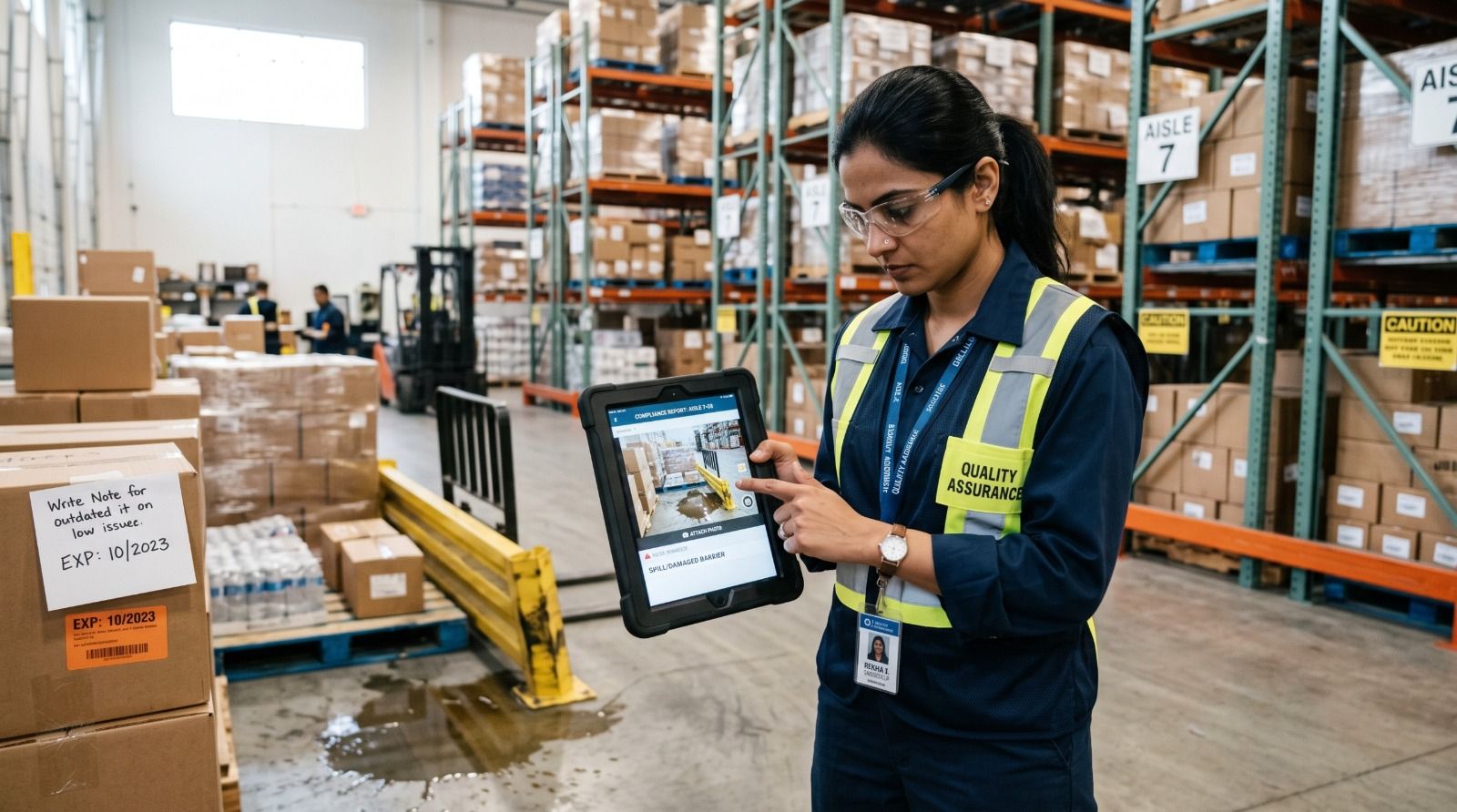 Warehouse quality inspector using CAPA tracking software to record audit findings, capture photo evidence, and manage corrective and preventive actions during compliance inspections.